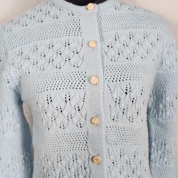 Vtg 1970s Rosanna Wintuk Blue Knit Cardigan Orlon Acrylic Round Neck Sweater - Picture 3 of 16